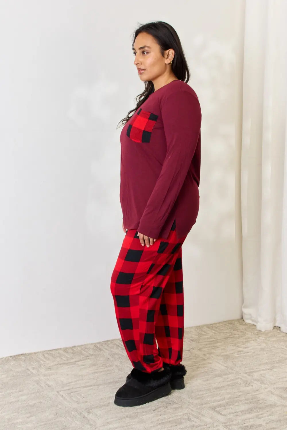 Zenana Full Size Plaid Round Neck Top and Pants Pajama Set - Ladyez