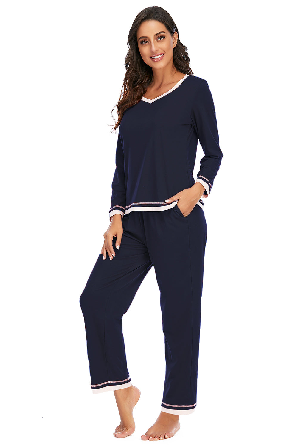 V-Neck Top and Pants Lounge Set - Ladyez