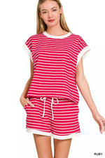 Zenana Stripe Contrast Trim Top & Shorts Set
