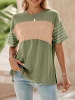 Color Block Striped Sleeve Casual T-Shirt - Ladyez