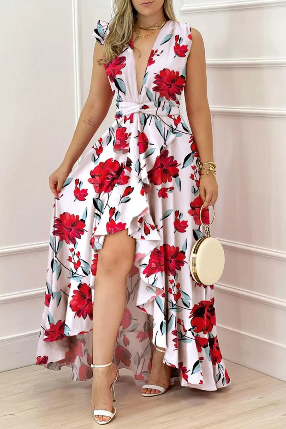 Ruffled Plunge Sleeveless Maxi Dress - Ladyez