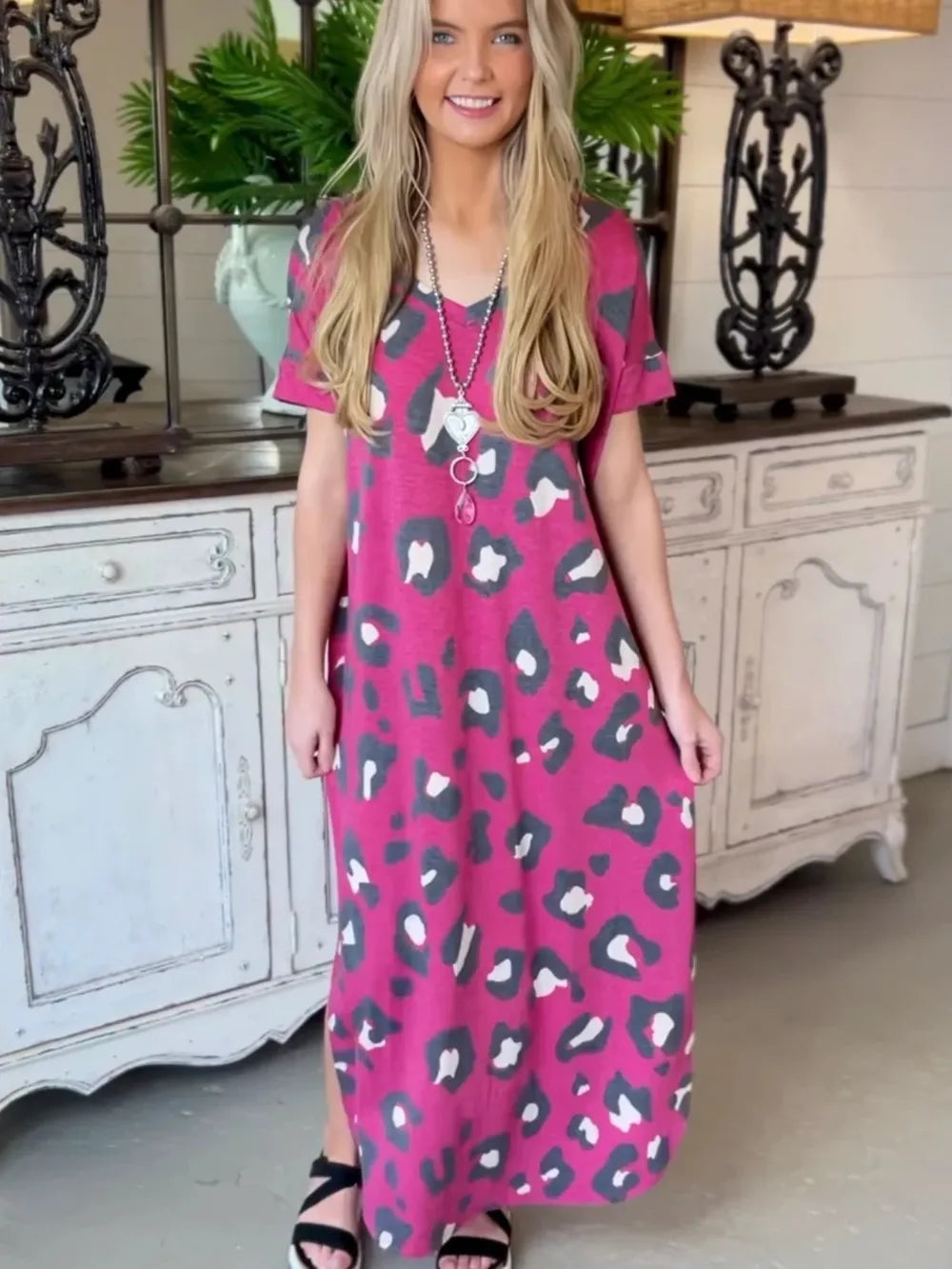 Leopard Slit V-Neck Short Sleeve Maxi Dress - Ladyez