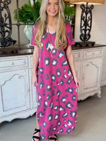 Leopard Slit V-Neck Short Sleeve Maxi Dress - Ladyez