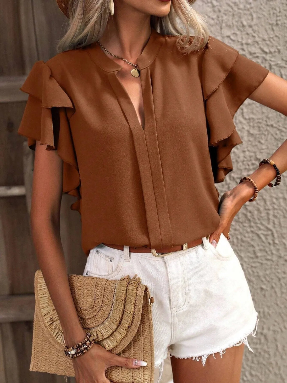 Ruffle Sleeve Notched Blouse - Ladyez