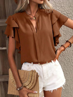 Ruffle Sleeve Notched Blouse - Ladyez