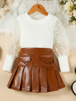 Children's Polka Dot Sleeve Top & Faux Leather Skirt Set