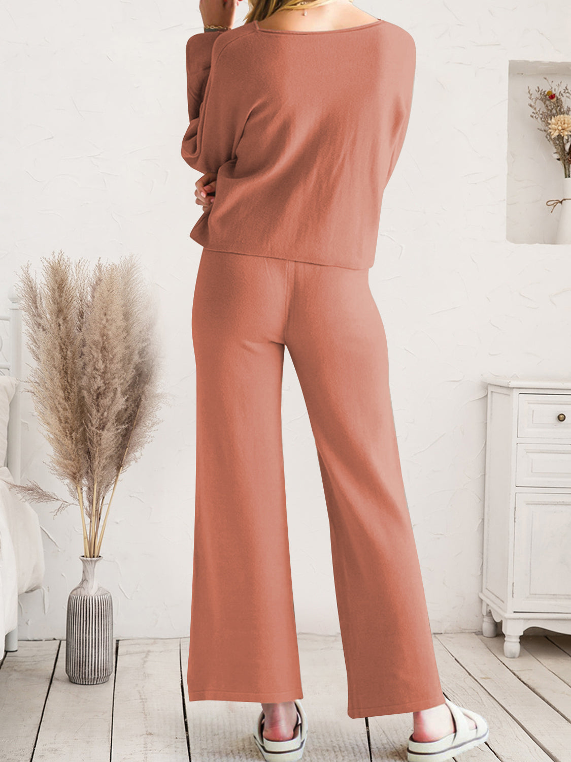 Long Sleeve Lounge Top and Drawstring Pants Set - Ladyez