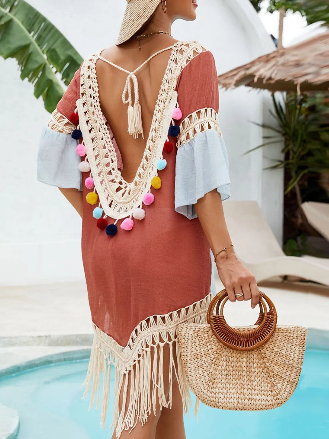 Backless Tassel Hem V-Neck Cover-Up - Ladyez