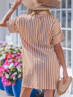 Stripe Pinched V Neck Turn-up Cuffs Shift Mini Dress