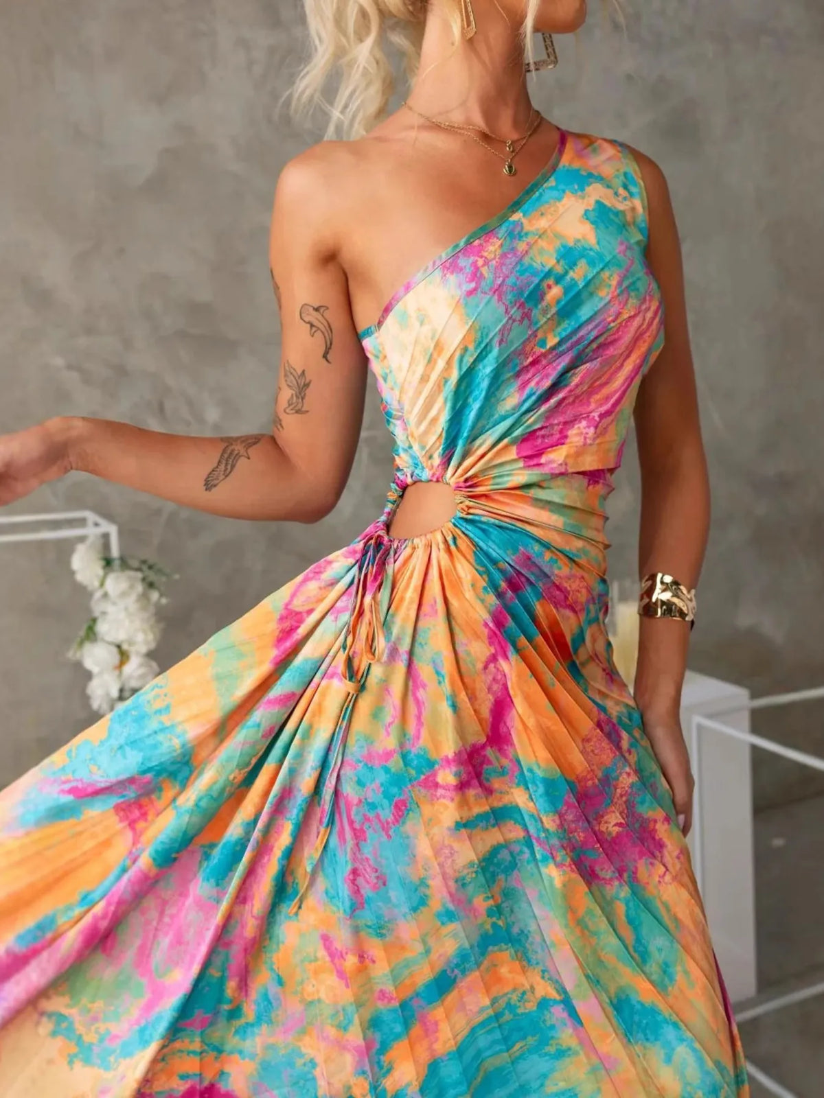 Printed One Shoulder Asymmetrical Maxi Dress - Ladyez