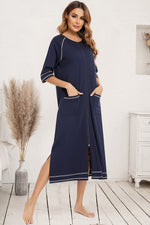 Zip Up Slit Round Neck Night Dress with Pockets - Ladyez