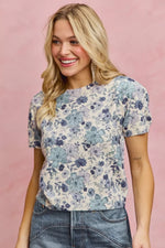 SO ME Floral Print Short Sleeves Sweater Knit Top