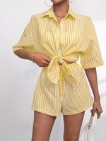 Striped Button Up Shirt and Shorts Casual Set
