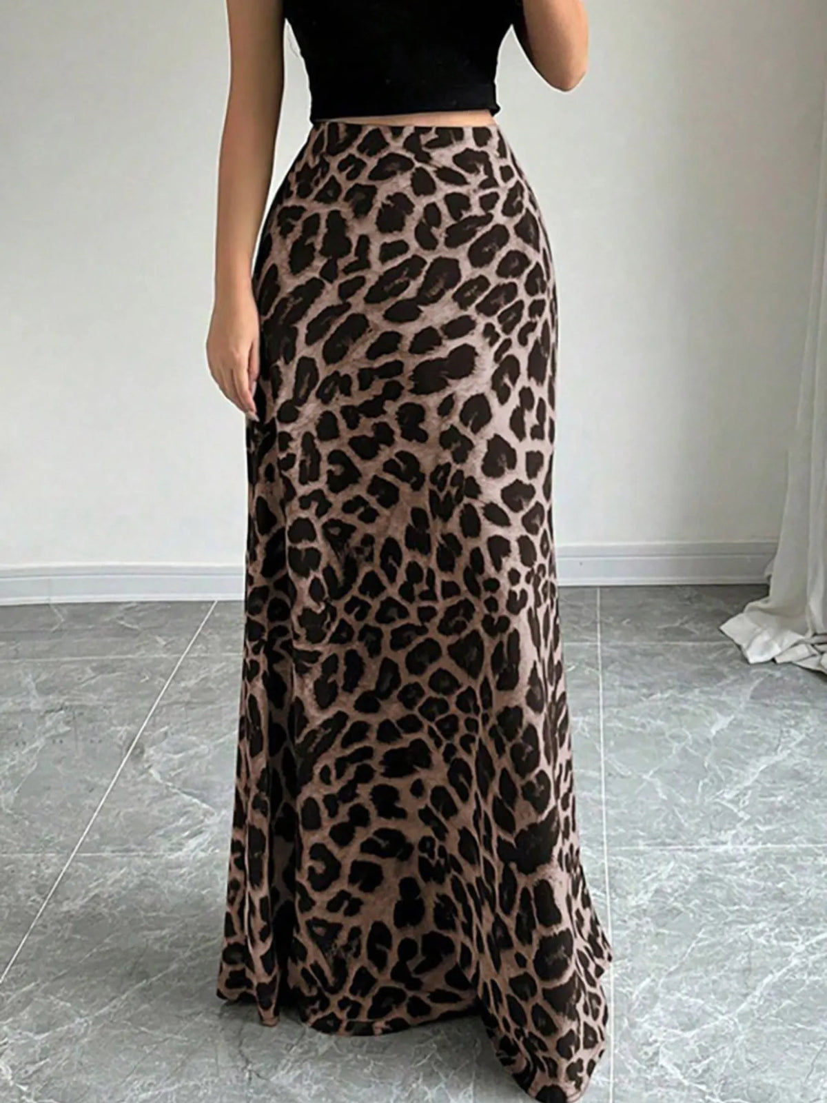 Leopard Print High-Waisted Maxi Skirt - Ladyez