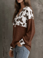 Cow Print Color Block Waffle Knit Blouse