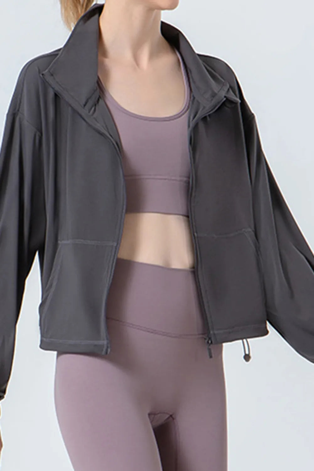Drawstring Zip Up Dropped Shoulder Active Outerwear - Ladyez
