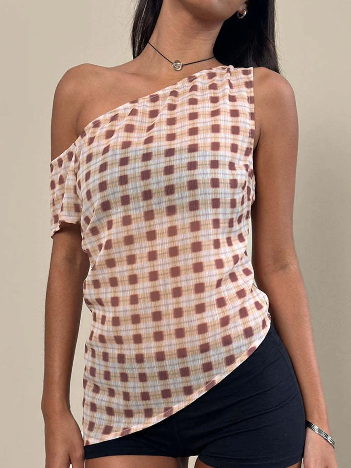 One-Shoulder Plaid Tank Top - Ladyez