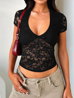Devine V-Neck Short Sleeve Lace Top - Ladyez
