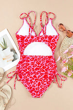 Leopard Cutout Ribbed Side Drawstring One-Piece Swimsuit - Ladyez