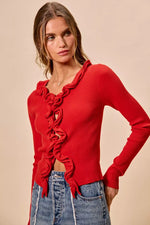 SO ME Cascade Ruffle Ribbed Sweater Cardgian
