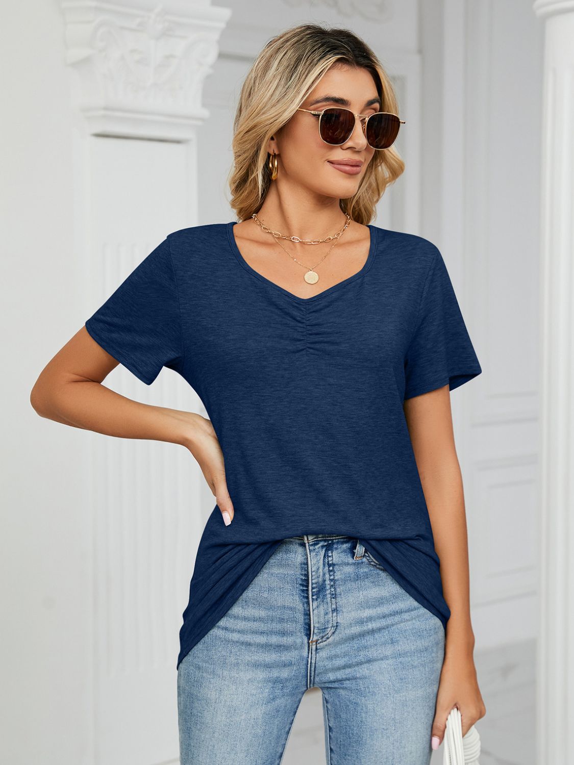 Ruched V-Neck Short Sleeve T-Shirt - Ladyez