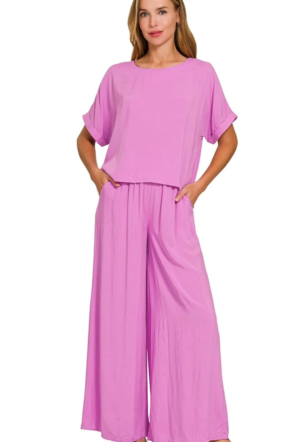Zenana Round Neck T-Shirt and Wide Leg Pants Set - Ladyez
