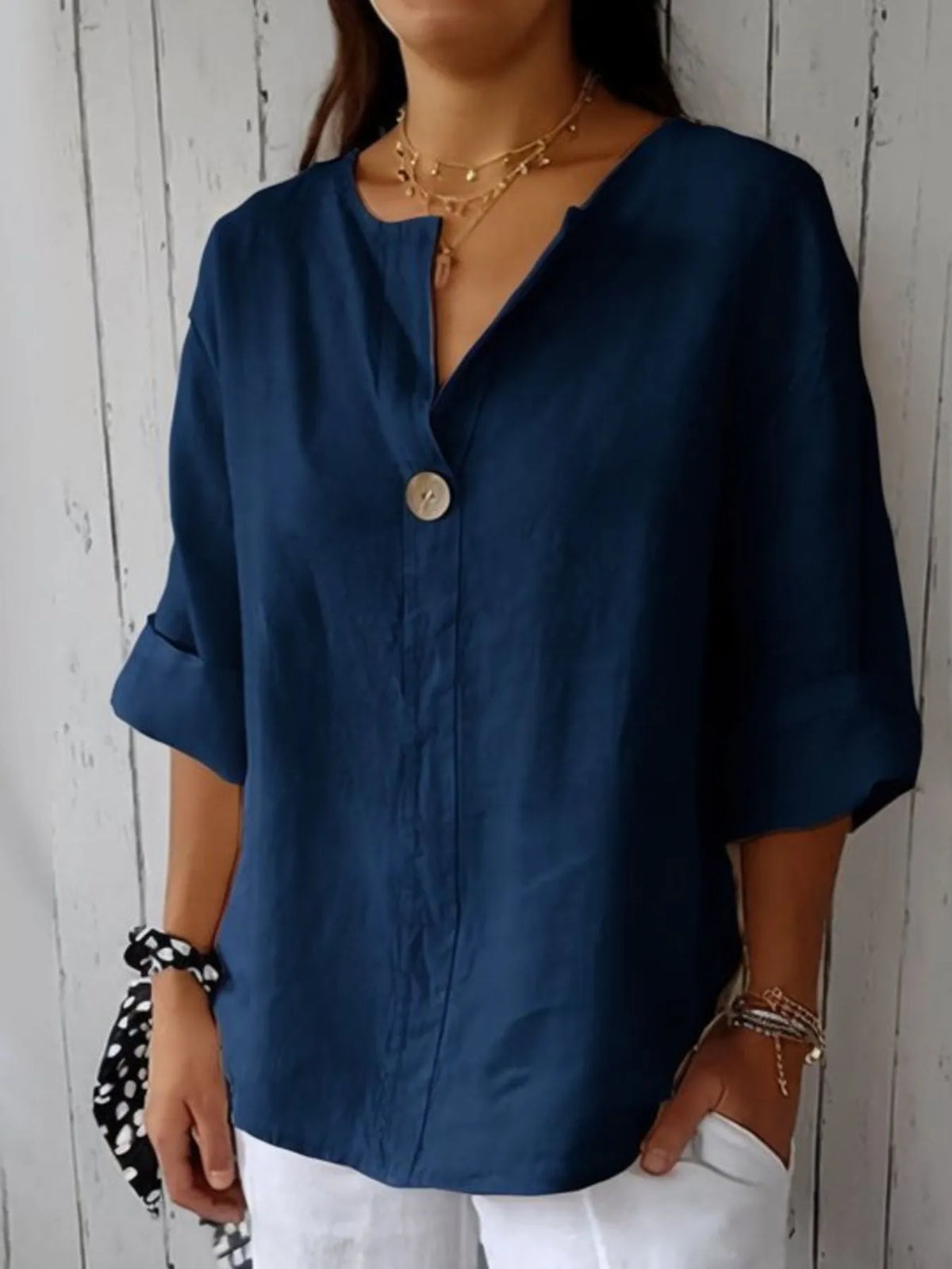 Full Size Linen Blend Notched Blouse Plus Size - Ladyez