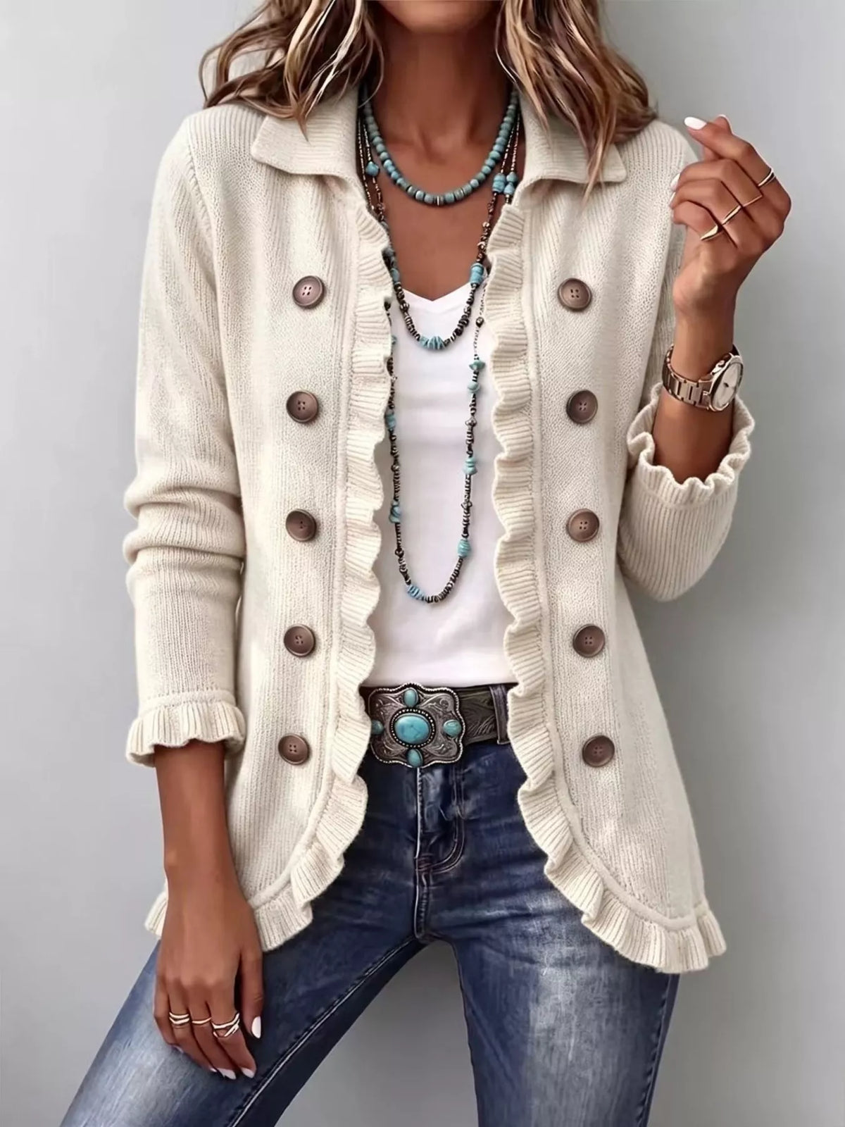 Full Size Ruffled Trim Decorative Button Cardigan Plus Size