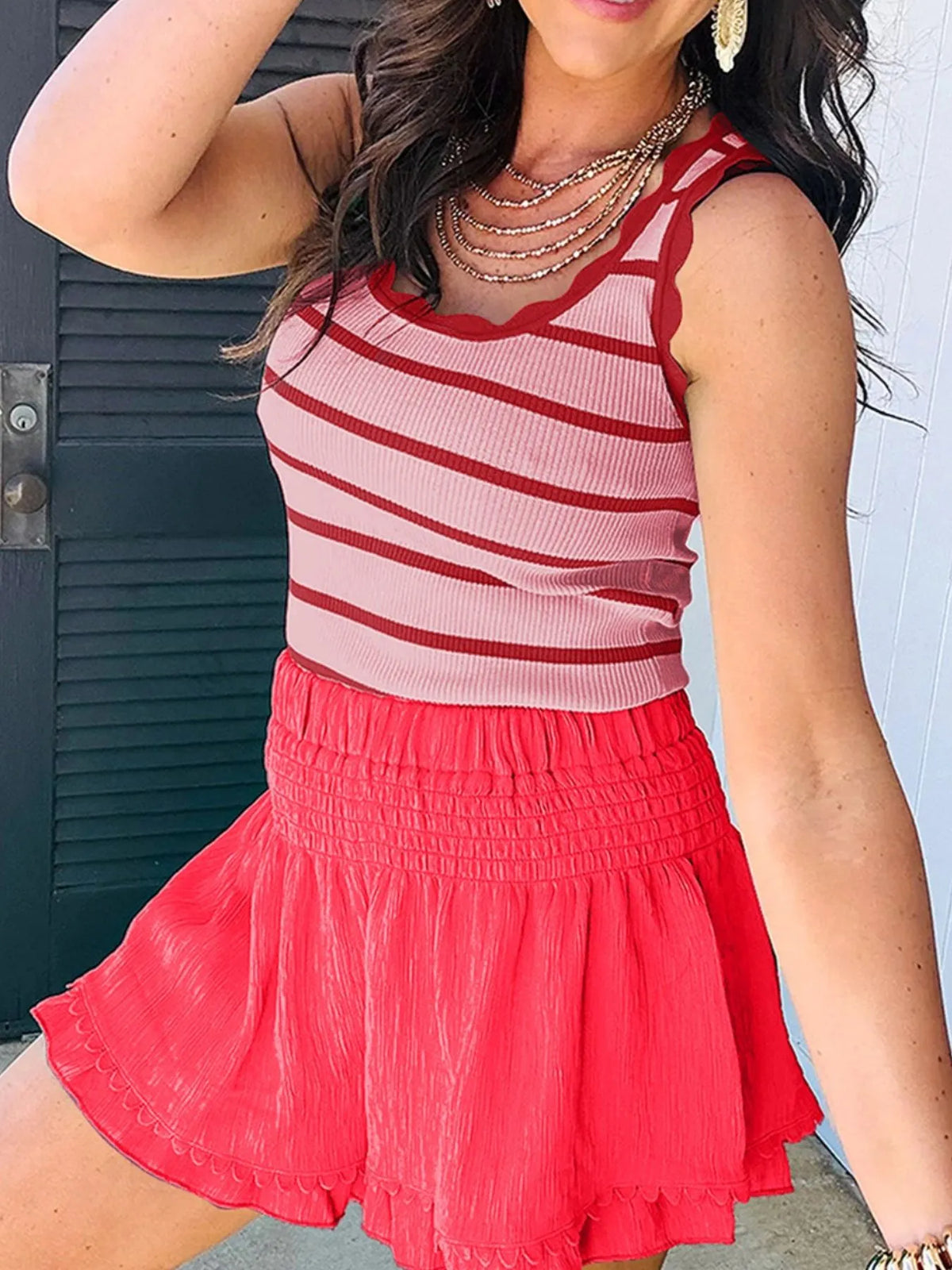 Stripe Scalloped Edge Crew Neck Knit Tank Top - Ladyez
