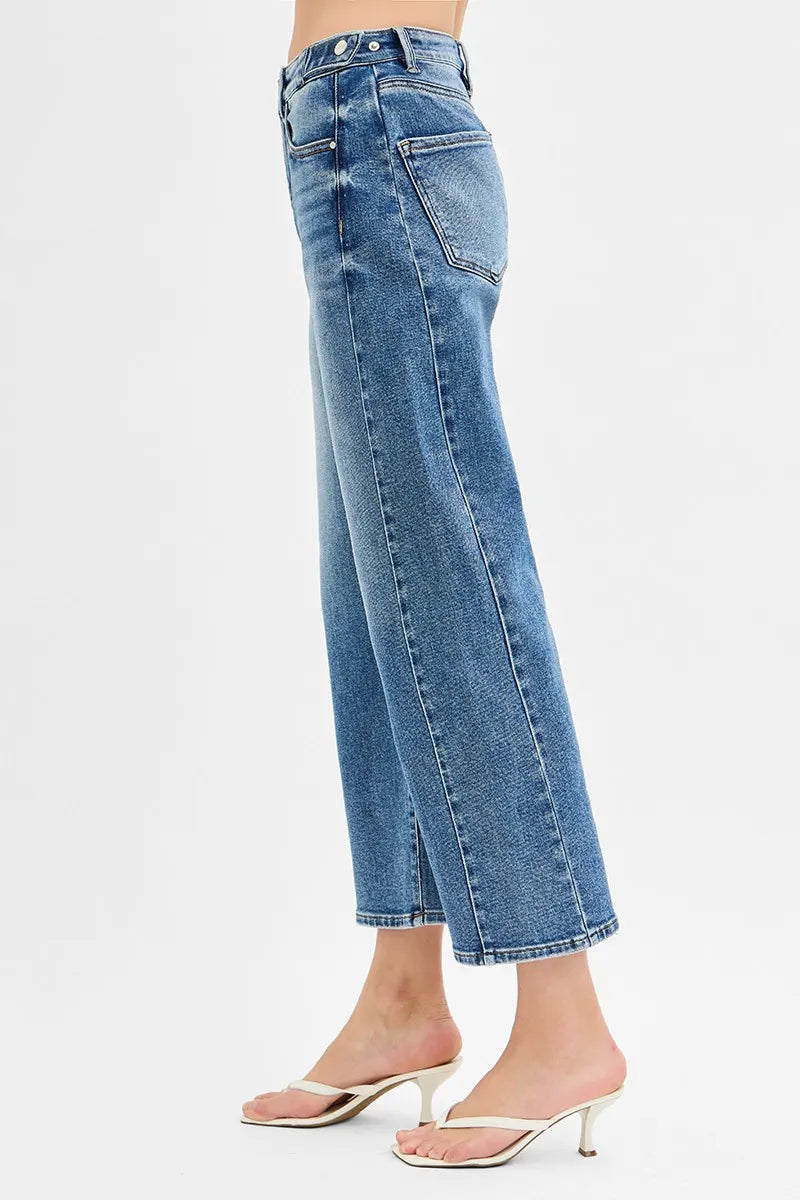 RISEN High Rise Crop Length Barrel Adjustable Waist Band Jeans - Ladyez