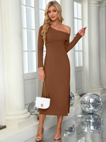 Slit One Shoulder Long Sleeve Dress - Ladyez