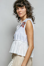 POL Floral Patch Ruffled Sleeveless Top with Raw Edge Detail
