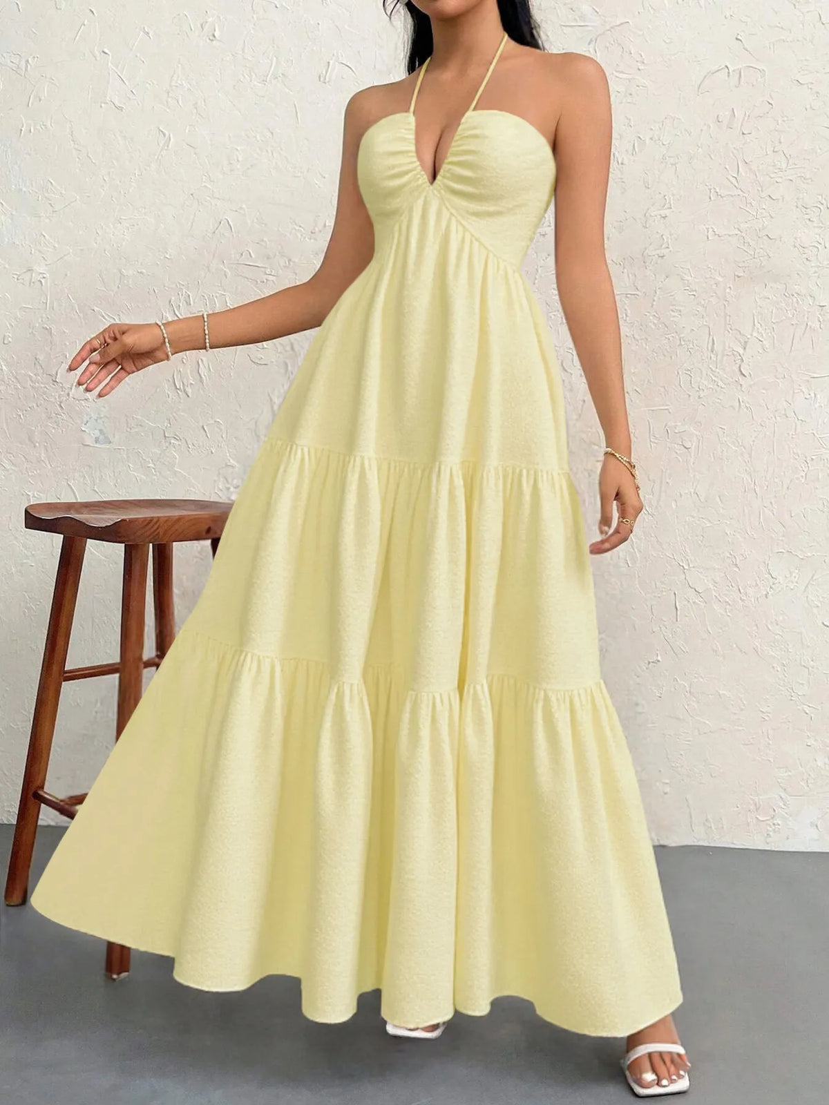 Halter Neck Tiered Maxi Dress - Ladyez