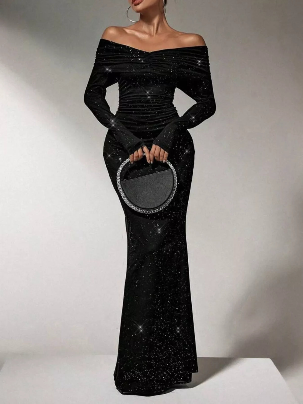 Off-Shoulder Glitter Evening Maxi Dress