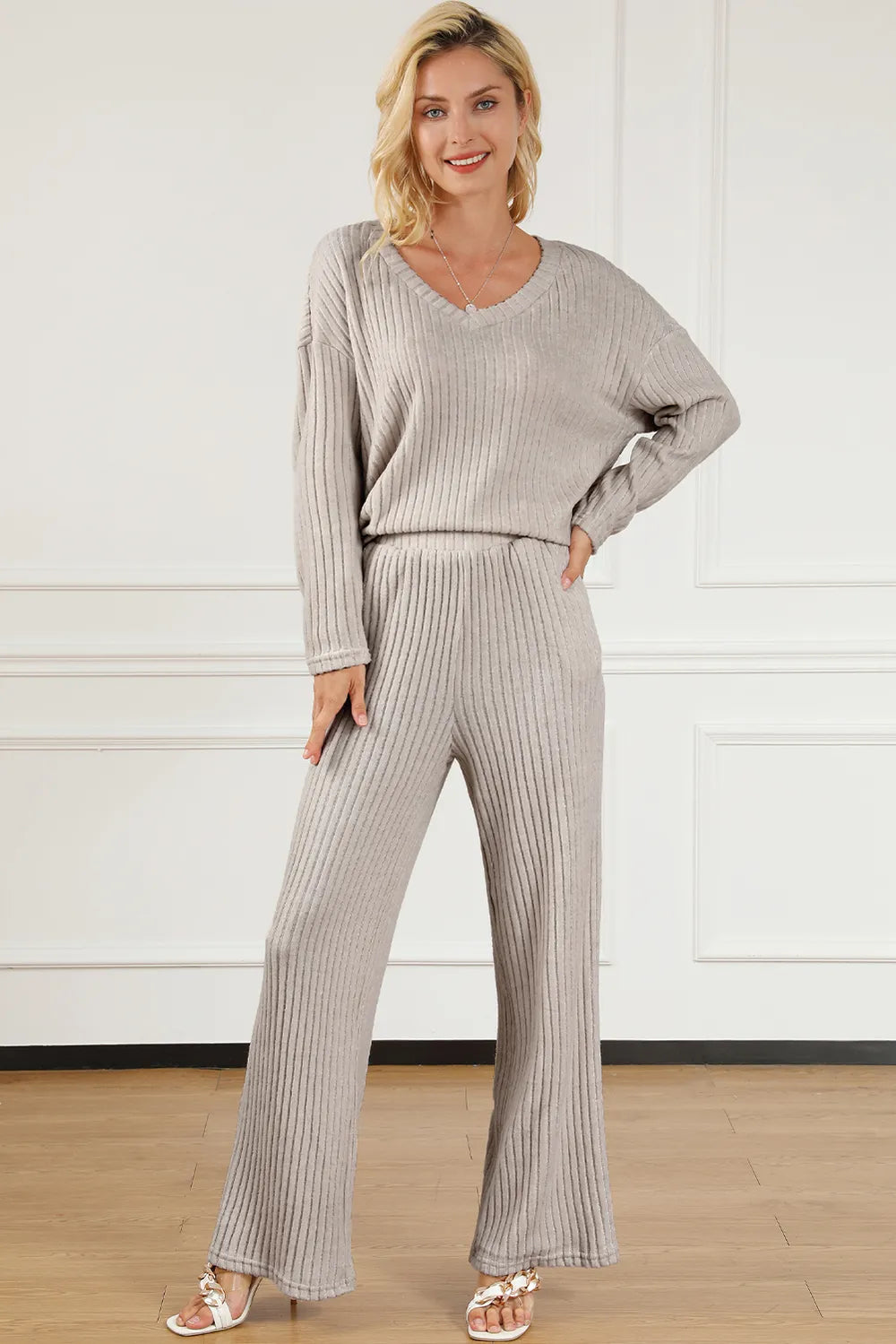 Ribbed V-Neck Top and Pants Lounge Set - Ladyez