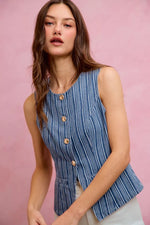 SO ME Stripe Slim Fit Button Front Denim Vest Top