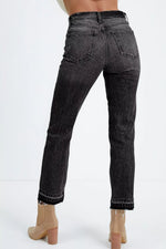 High-Waisted Distressed Hem Straight Leg Jeans