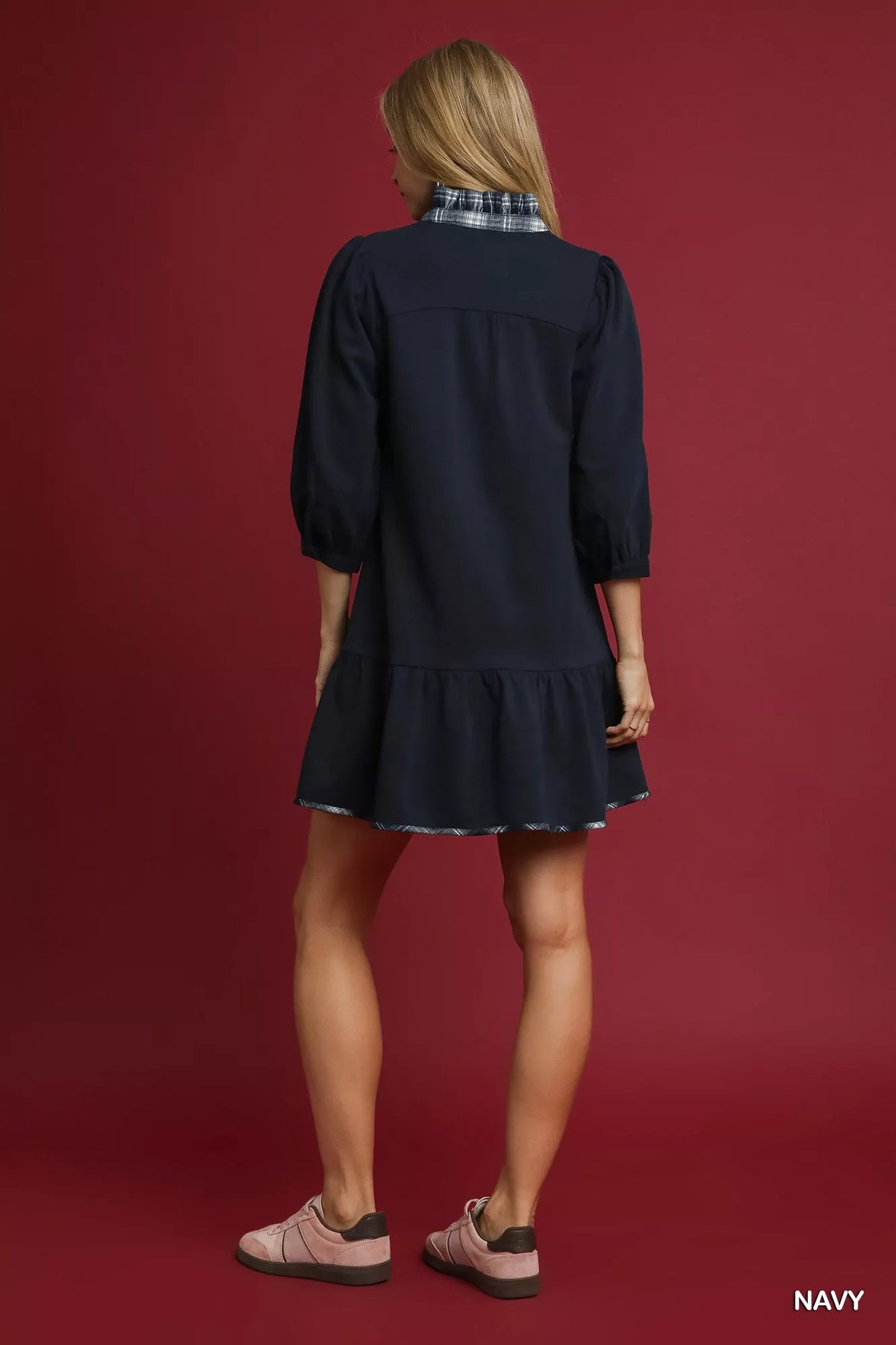 Umgee French Terry Ruffle Hem Dress with Plaid Trim