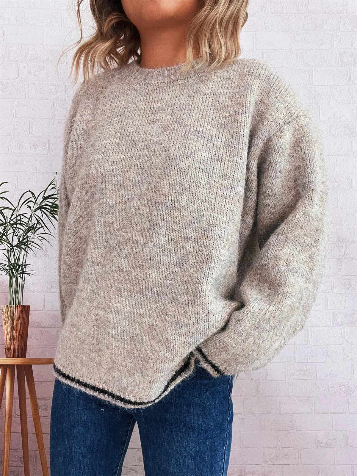 Contrast Trim Round Neck Cozy Sweater