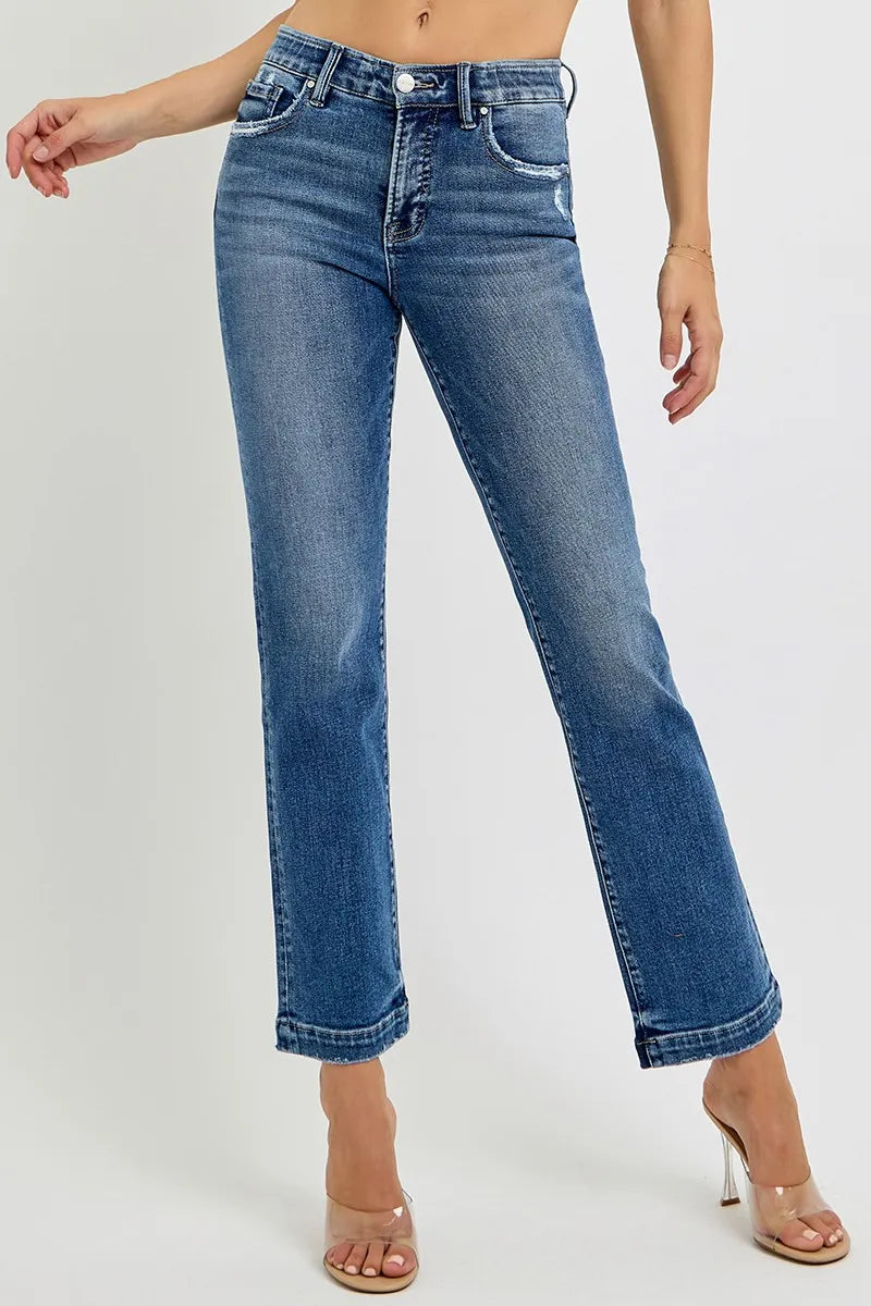 RISEN Full Size Tummy Control Elastic Band Mid Rise Straight Jeans Plus Size - Ladyez