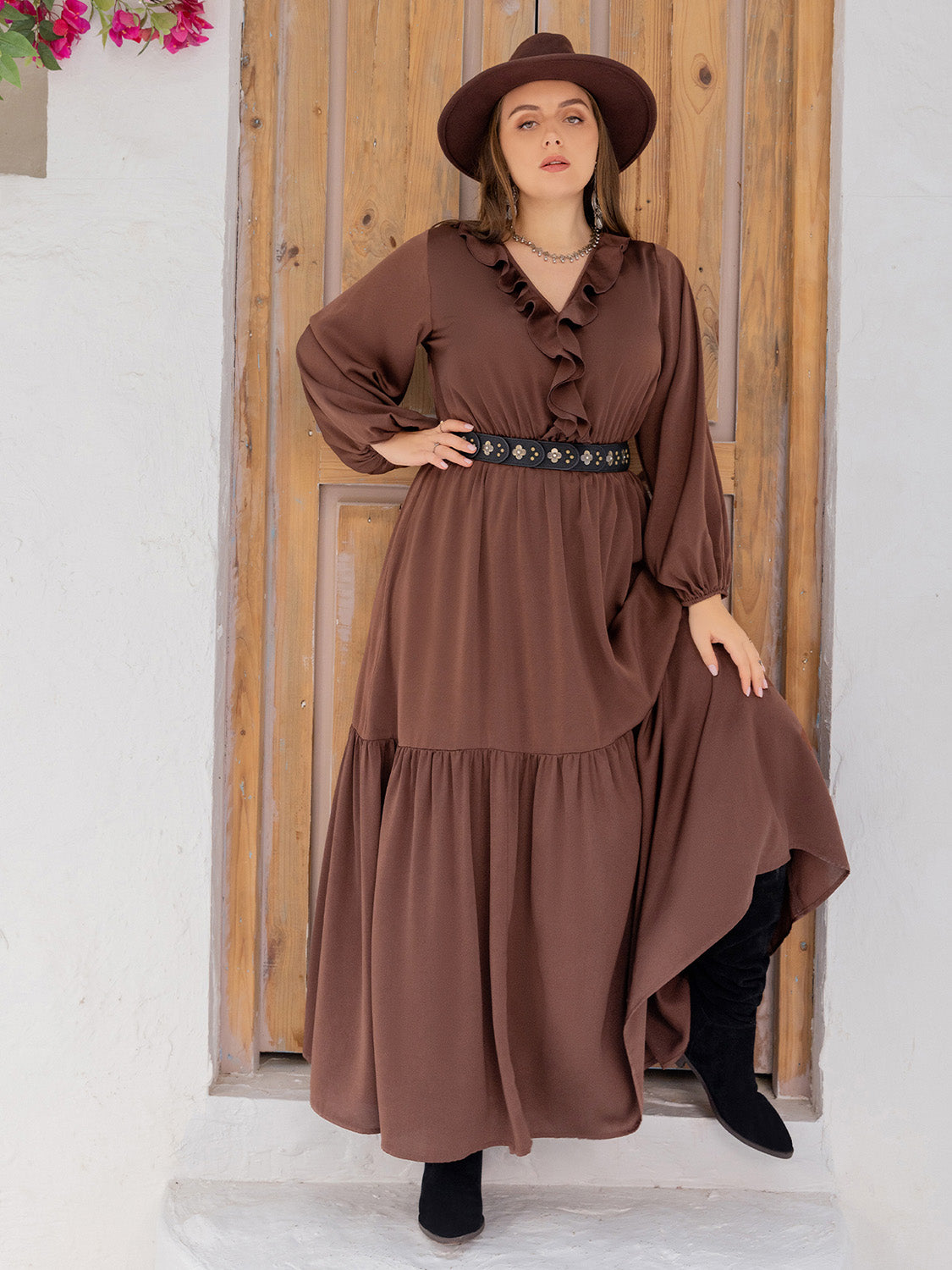 Plus Size V-Neck Ruffle Trim Maxi Dress - Ladyez