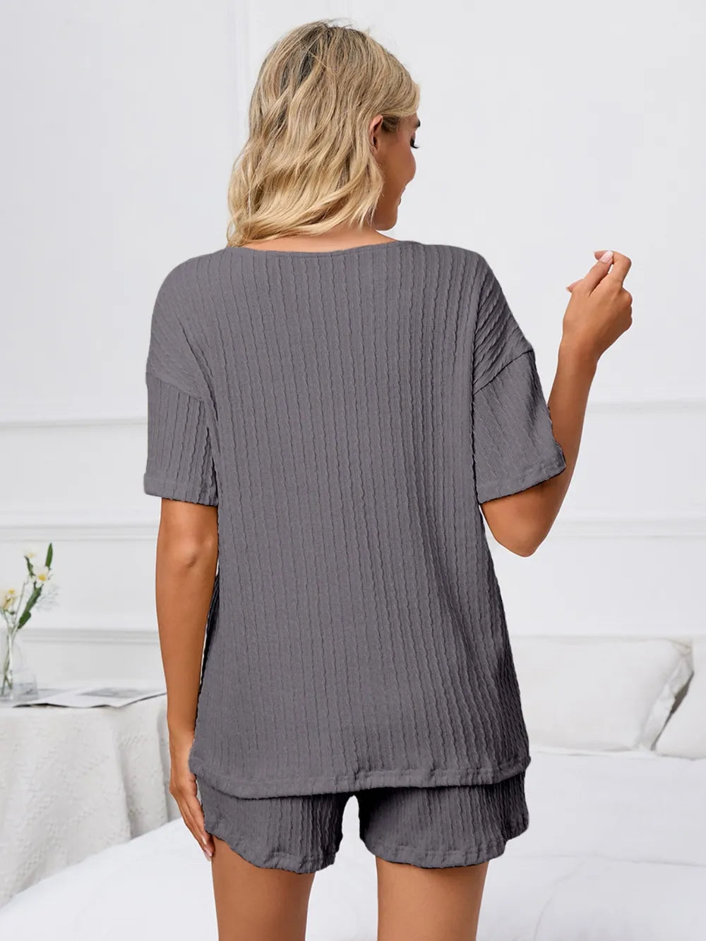 Notched Short Sleeve and Shorts Lounge Set - Ladyez