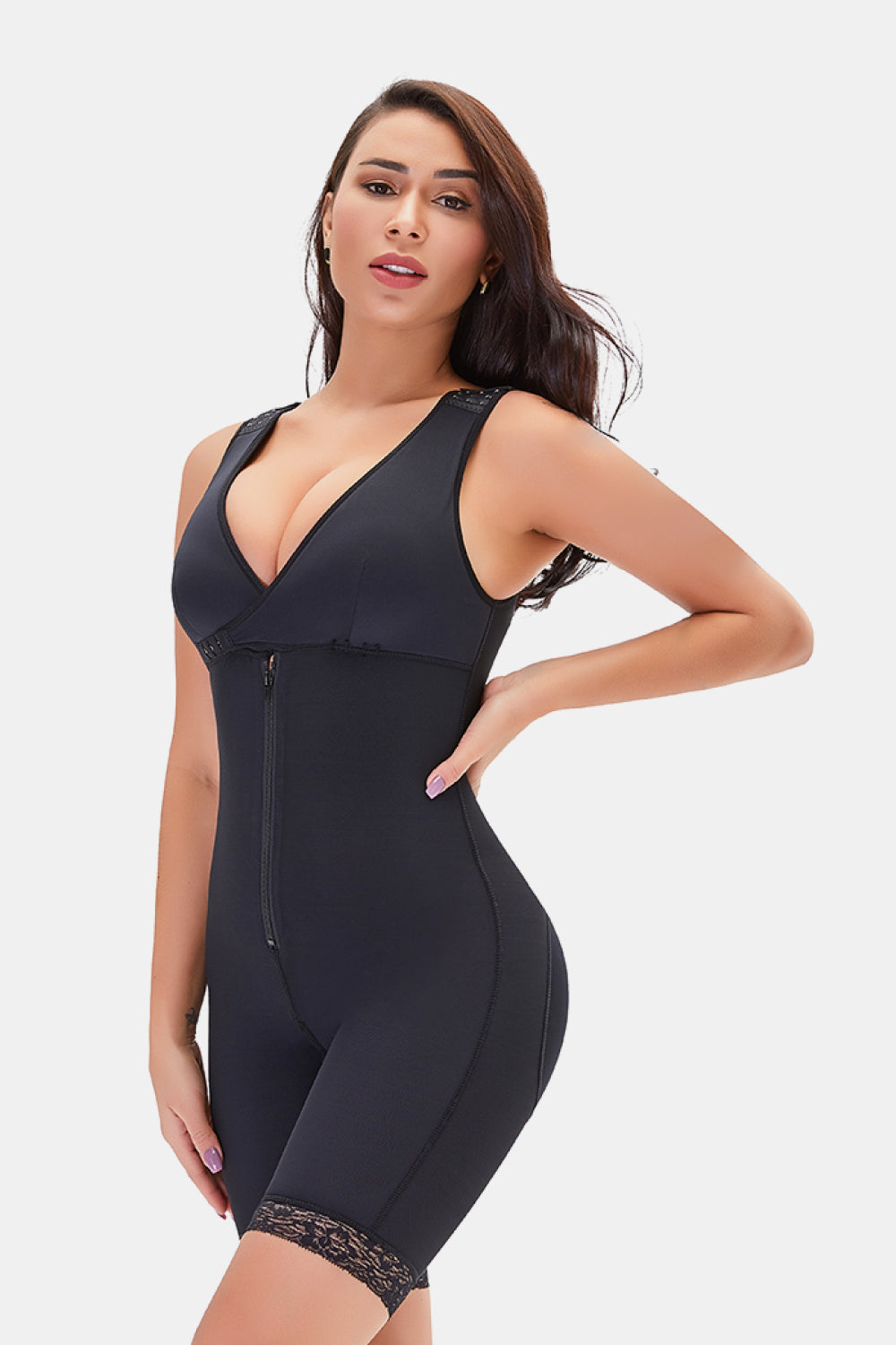 Full Size Lace Trim Shapewear with Zipper - Ladyez