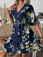 Crochet Front V-Neck Printed Cover-Up - Ladyez