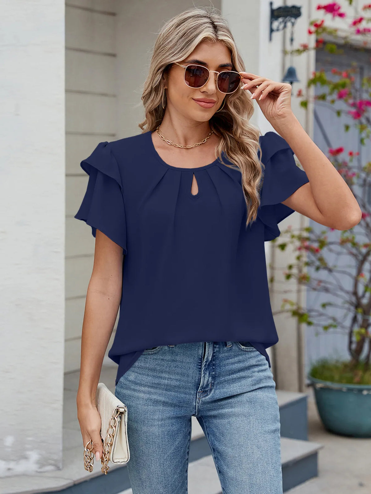 Round Neck Ruffled Layered Sleeve Blouse - Ladyez