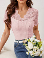 Lace Trim Eyelet Embroidered Summer T-Shirt - Ladyez
