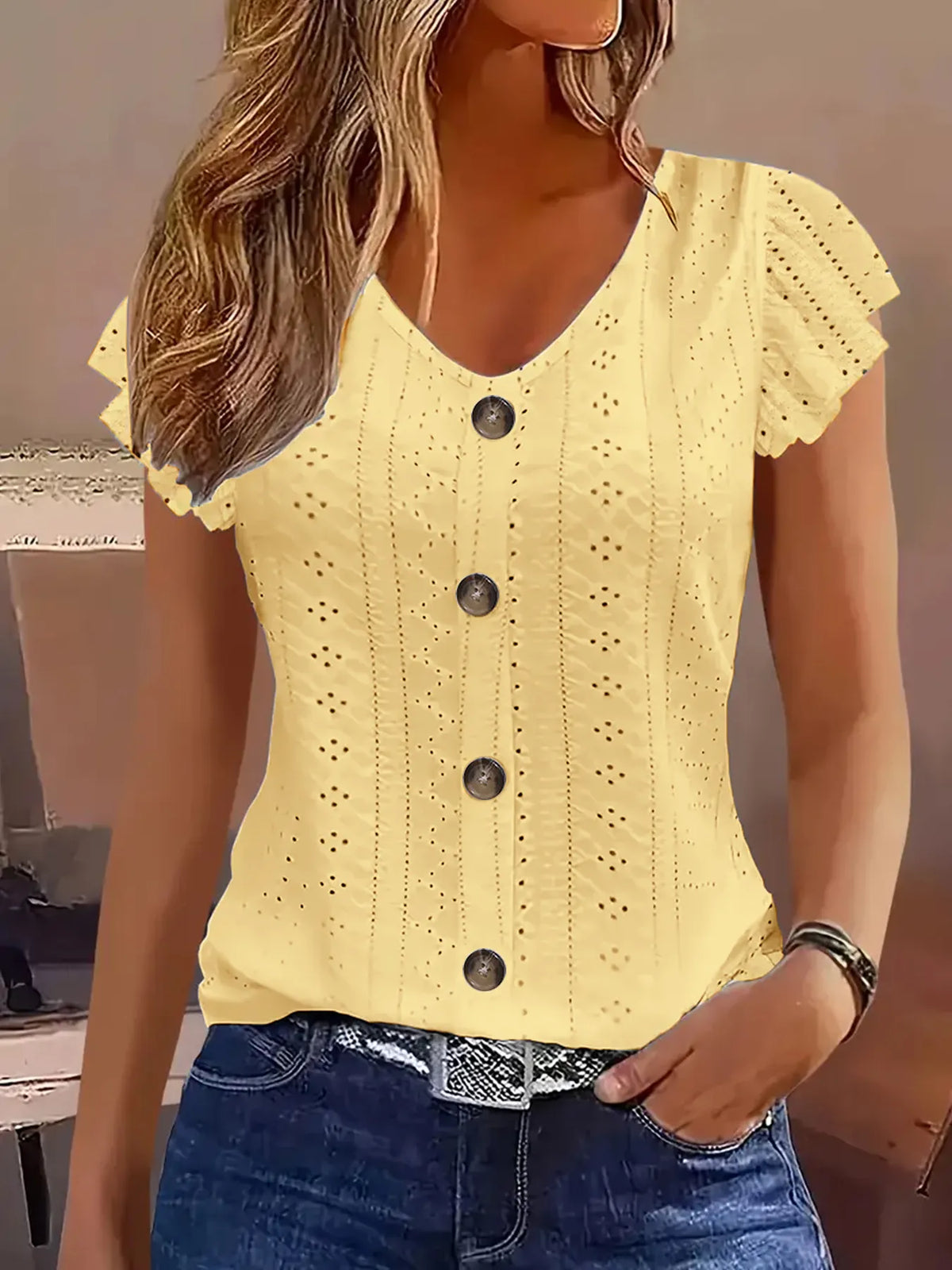 Eyelet Button-Front Flutter Sleeve Top - Ladyez