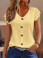 Eyelet Button-Front Flutter Sleeve Top - Ladyez
