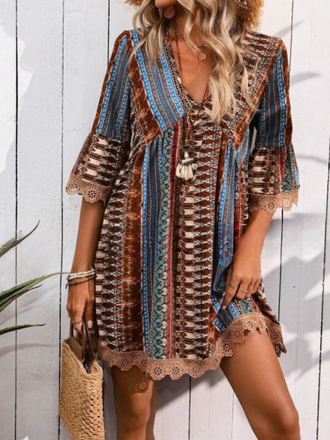 Lace Trim Printed V-Neck 3/4 Sleeve Dress - Ladyez