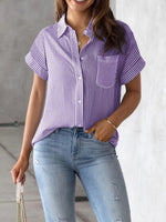 Full Size Striped Button-Up Casual Shirt with Pocket Plus Size - Ladyez